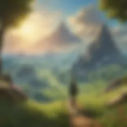 A breathtaking view of Hyrule's landscape with mountains and castles