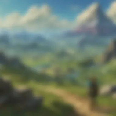 A breathtaking view of Hyrule's landscape with mountains and castles