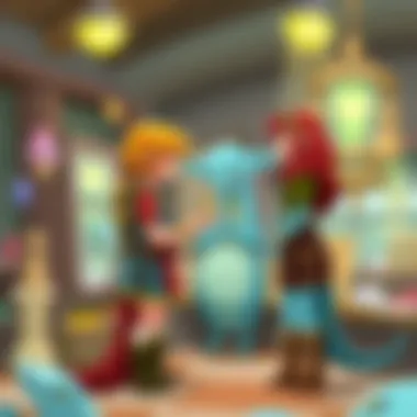 An illustration depicting characters interacting at the Zora Store, showcasing the social dynamics within Hyrule.