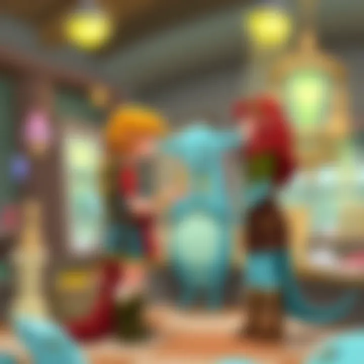 An illustration depicting characters interacting at the Zora Store, showcasing the social dynamics within Hyrule.