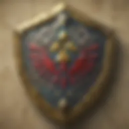 The iconic Hylian Shield displayed against a scenic backdrop