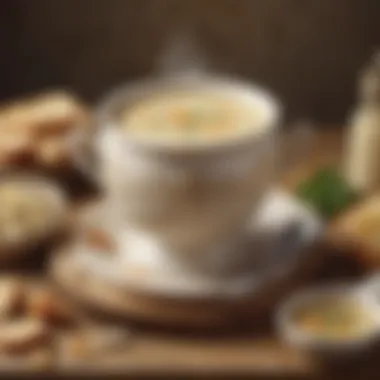 A close-up of ingredients for a classic cream soup on a wooden table