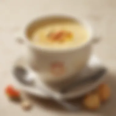 A beautifully plated cream soup dish with artistic presentation