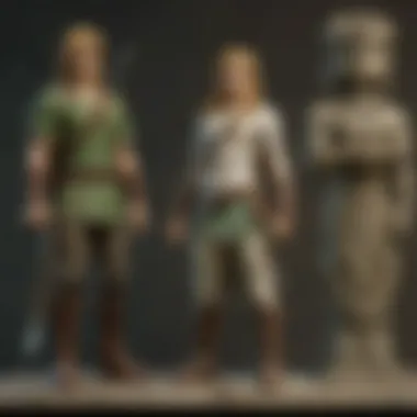 An artistic interpretation of Link encountering a divine statue in a lush, mystical environment.
