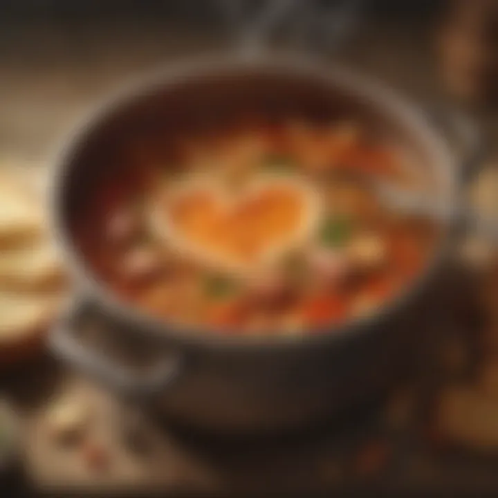 Artistic depiction of a simmering pot filled with heart soup