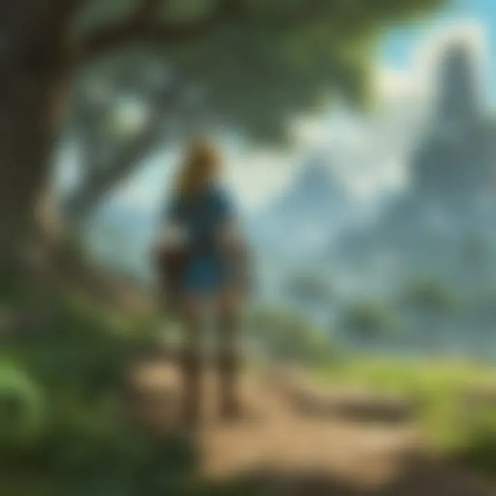 Link interacting with a character in a lush setting