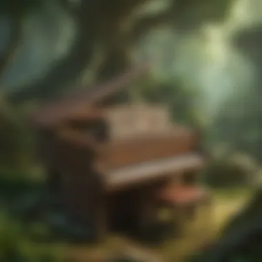 Musical notes swirling around a mystical forest scene