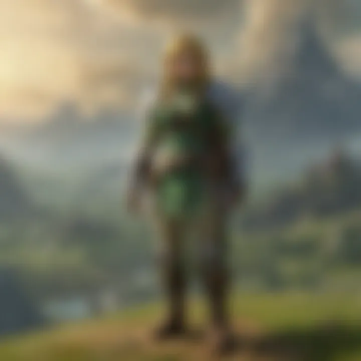 A character donned in guardian clothing against a scenic Hyrule backdrop