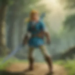 Link wielding the Master Sword in a lush landscape