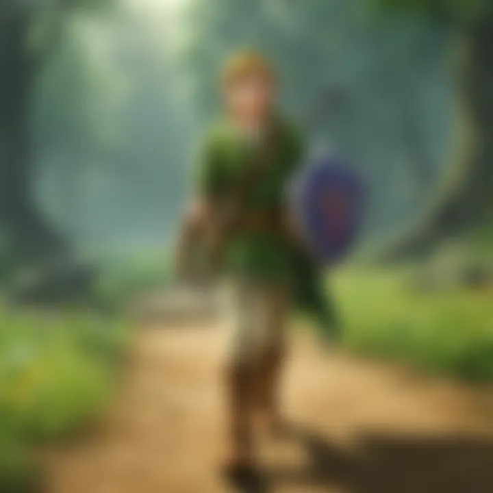 A scene depicting Link playing the ocarina in a mystical landscape.