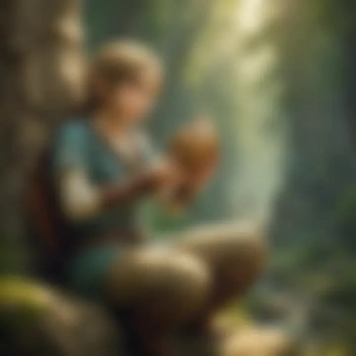 A serene outdoor setting with a person playing an ocarina, surrounded by nature.