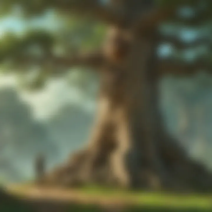 A scene depicting the talking tree providing guidance to adventurers in Hyrule.