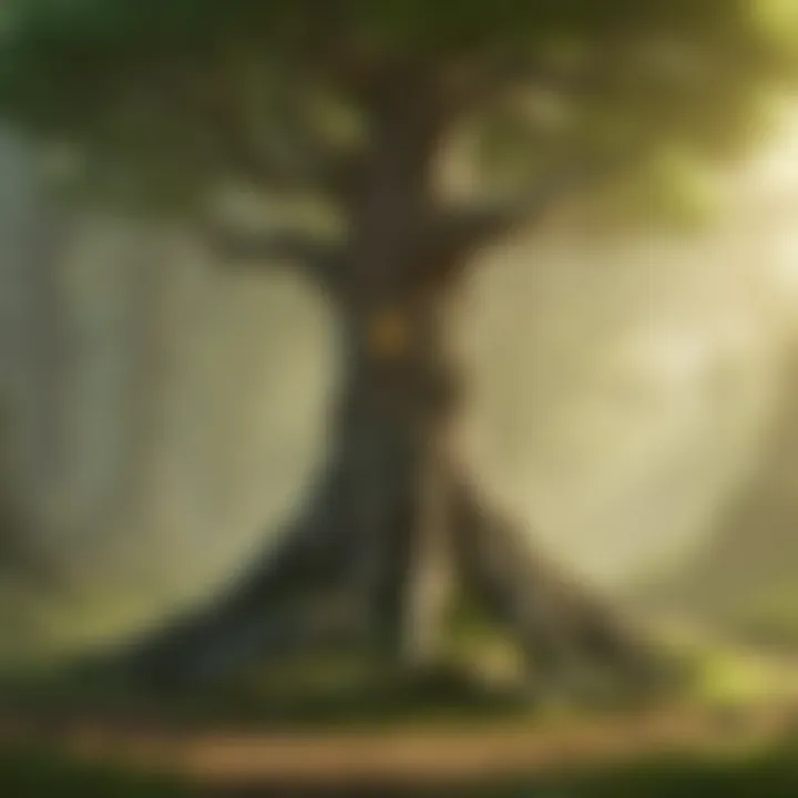 A mystical talking tree in the forest of Hyrule, vibrant foliage surrounding it.