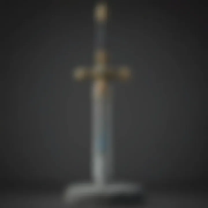 An intricately designed Master Sword resting on a stone pedestal with magical aura