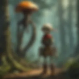 The Skull Kid in a whimsical forest setting, surrounded by magical creatures.