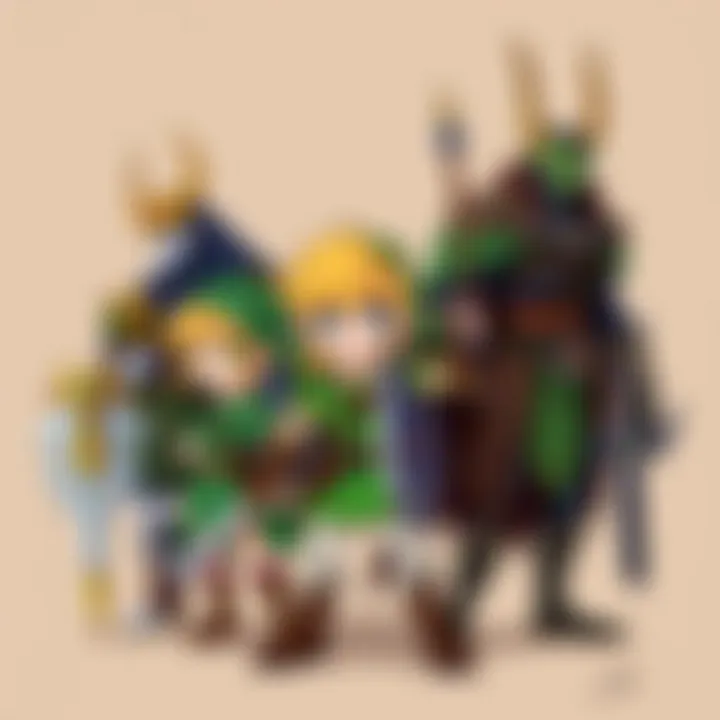 A detailed character collage of Link, Zelda, and Ganon