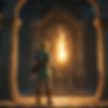 Link holding the Bluefire Torch against an ancient shrine