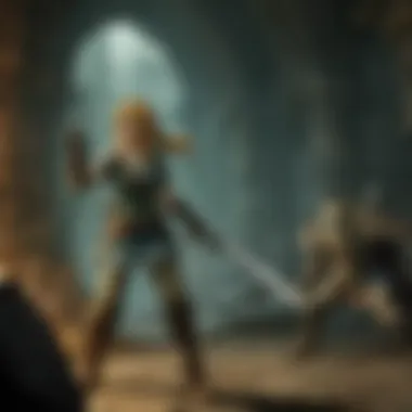 Link engaging in combat with a formidable foe in a dark dungeon