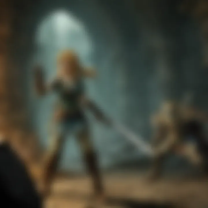 Link engaging in combat with a formidable foe in a dark dungeon