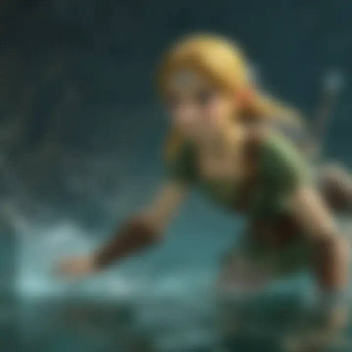 Artistic representation of various game titles in the Zelda series featuring the water gameplay element