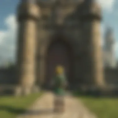 An artistic depiction of Link embarking on a quest within the castle