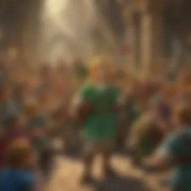 Zelda Fans Celebrating Through Music An enthusiastic group of Zelda fans playing ocarinas together, immersed in the joy of music.