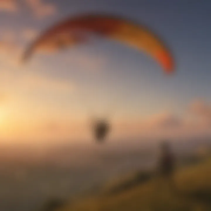 Silhouette of a paraglider against a vibrant sunset sky