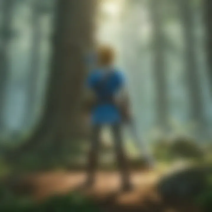 A close-up of Link wielding the Master Sword in a lush forest setting