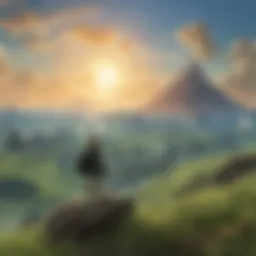 A breathtaking view of Hyrule's expansive landscapes showcasing lush forests and towering mountains.
