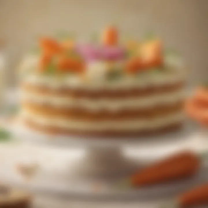 A decadent carrot cake topped with luscious cream cheese frosting and delicate edible flowers