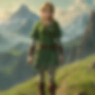 Character in Zelda game adorned in vibrant green clothing dye overlooking ancient ruins