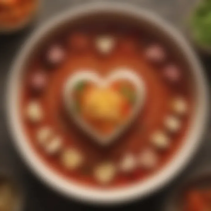 Artistic portrayal of a chef garnishing a bowl of heart soup with intricate designs