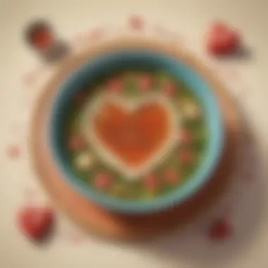 Abstract representation of various heart soup ingredients floating in mid-air