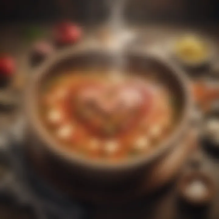 Illustration of a steaming bowl of heart soup with aromatic steam rising elegantly