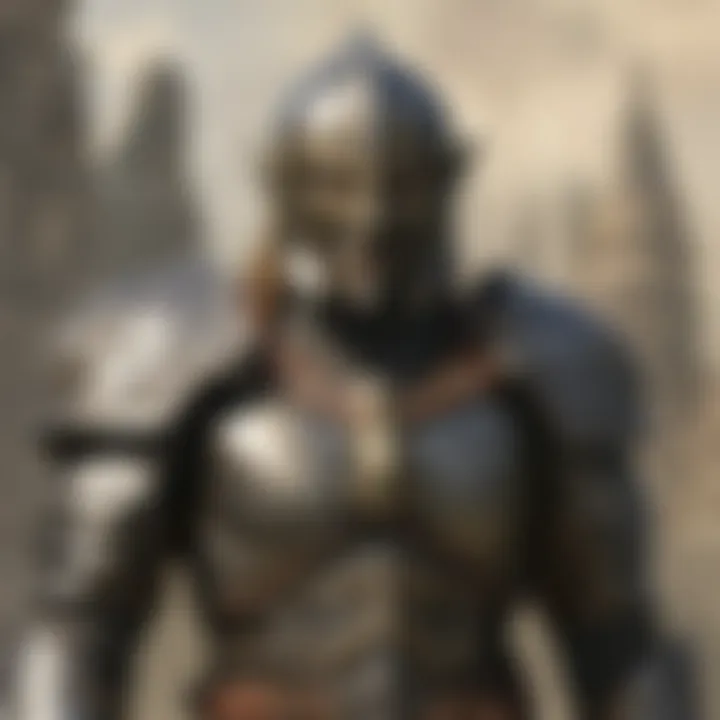 A character wearing helm armor during a battle scene