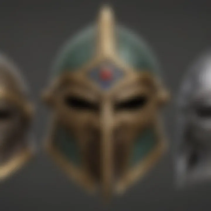 An illustration showcasing different helm designs from the series