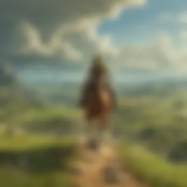 Heroic figure riding majestic steed across Hyrule plains