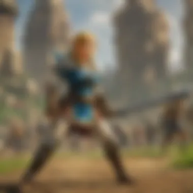 Dynamic combat scene featuring iconic characters from Hyrule Warriors: Age of Calamity.