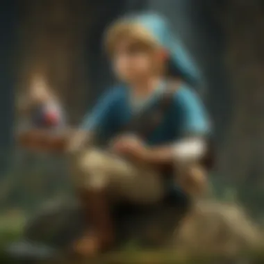 A vibrant depiction of Link playing the ocarina in a lush Hyrulian landscape.