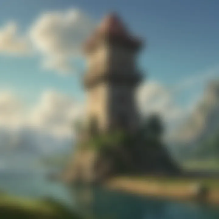 A fan art representation of the Lakeside Tower surrounded by Hyrule