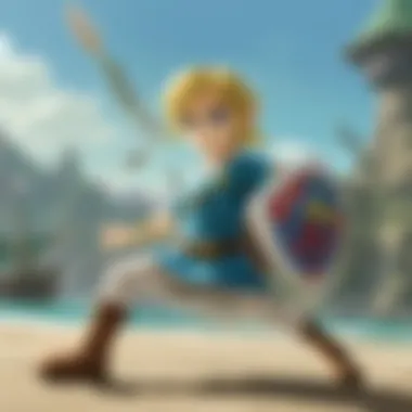 Link standing on a cliff with a sword drawn.