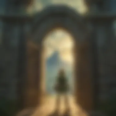 Link interacting with the Gate of Time, surrounded by celestial motifs