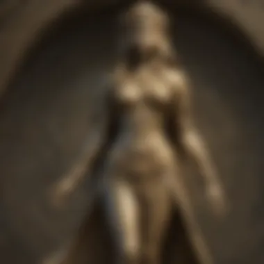 Back view of the majestic goddess statue revealing hidden engravings and inscriptions