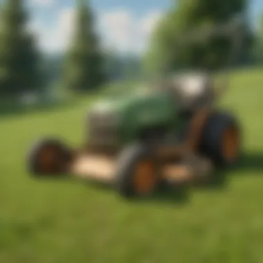 Green lawn mower on a grass pad