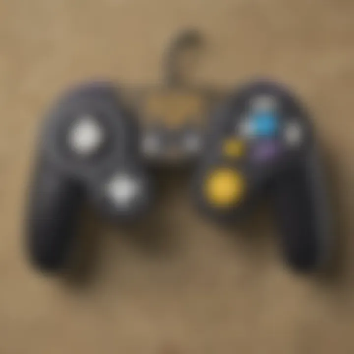 Close-up of a GameCube controller showcasing its unique button layout and design.