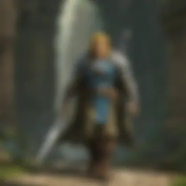 A dynamic scene of a player character strategizing in front of a powerful Guardian.