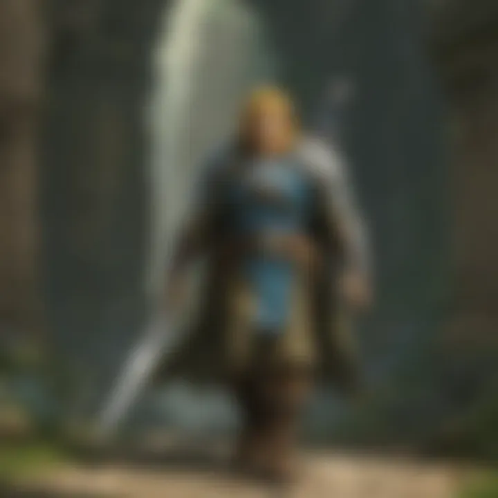 A dynamic scene of a player character strategizing in front of a powerful Guardian.
