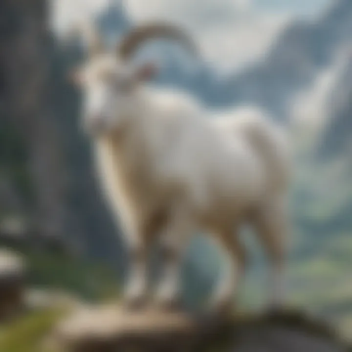 White goat standing proudly against a backdrop of mountains