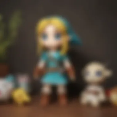 An artistic arrangement of plush toys against a backdrop of Zelda-themed decor.