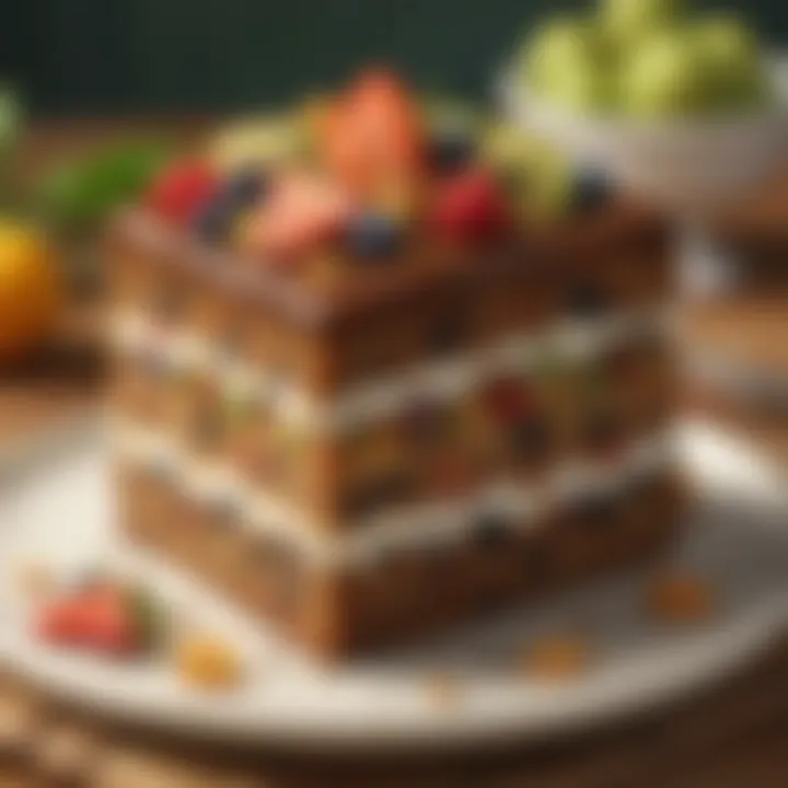 A close-up of a slice of fruit cake, showcasing its rich texture and layers